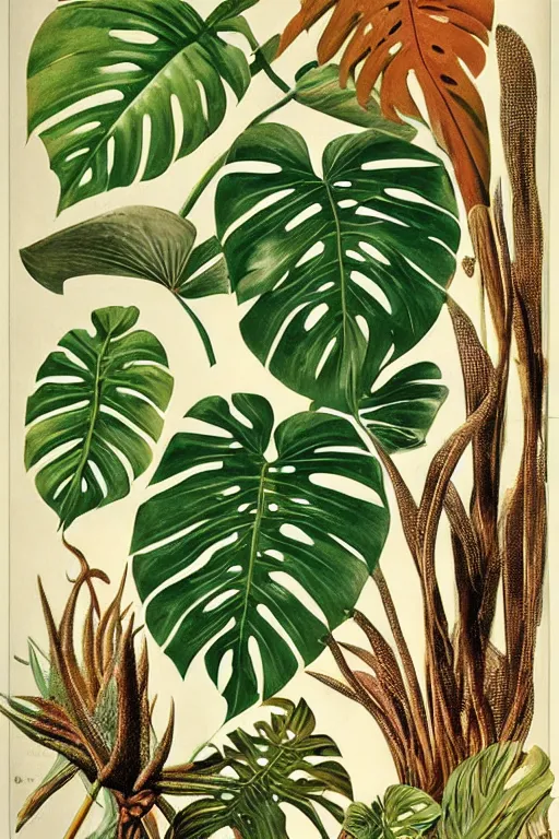 Image similar to vintage magazine advertisement depicting all of the tropical plants in the world, monstera!!!, in focus, sharp, smooth, by marius lewandowski, by ernst haeckel
