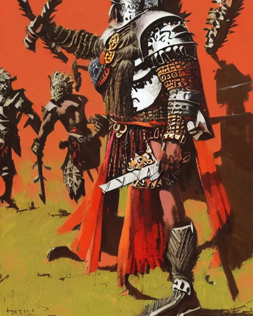 Image similar to aztec warrior, hirsute epic level dnd human fighter, wielding the godshammer, a magical war hammer, wearing magical armor. thick quads. full character concept art, realistic, high detail digital gouache painting by angus mcbride and michael whelan.