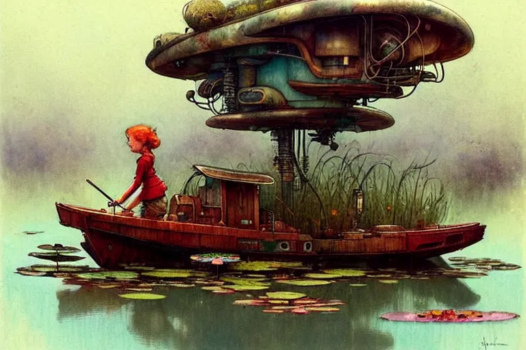 Image similar to adventurer ( ( ( ( ( 1 9 5 0 s retro future robot mouse house boat home. muted colors. swamp mushrooms. water lilies ) ) ) ) ) by jean baptiste monge!!!!!!!!!!!!!!!!!!!!!!!!! chrome red