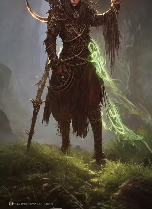 Prompt: druid dnd, ultra detailed fantasy, elden ring, realistic, dnd character portrait, full body, dnd, rpg, lotr game design fanart by concept art, behance hd, artstation, deviantart, global illumination radiating a glowing aura global illumination ray tracing hdr render in unreal engine 5