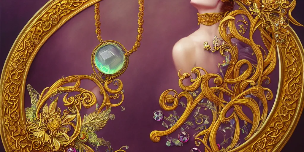 Image similar to highly detailed oil painting, centered in image, art nouveau, ornate, delicate, brilliant magical gemstones choker, around a neck, octane render, realistic, dramatic light,