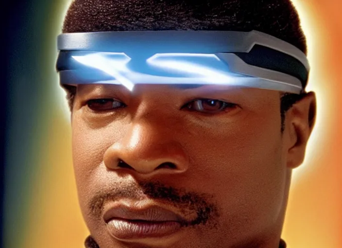 Image similar to Star Trek a hyper realistic ultra realistic photograph of Commander Geordi La Forge wearing his visor, highly detailed, 8k photograph