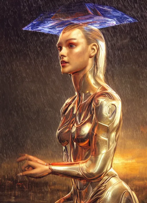 Prompt: a biblical diabolical beautiful female android, rain on face, shiny hi tech armor, dynamic pose, splashing, heavy eyes to the side, glowing veins, in clouds, rain and lightning storm, sunset, portrait, by gerald brom, by mikhail vrubel, by peter elson, muted colors, extreme detail, reflections, trending on artstation, 8 k