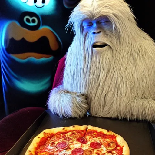 Prompt: friendly wizard yeti eating pizza