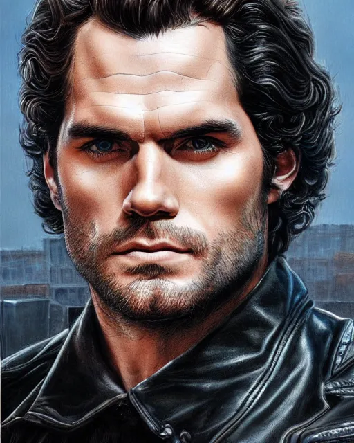 Image similar to portrait of henry cavill, gritty, dark, wearing a leather jacket, very detailed eyes, hyperrealistic, very detailed painting by Glenn Fabry, by Joao Ruas, by Artgerm