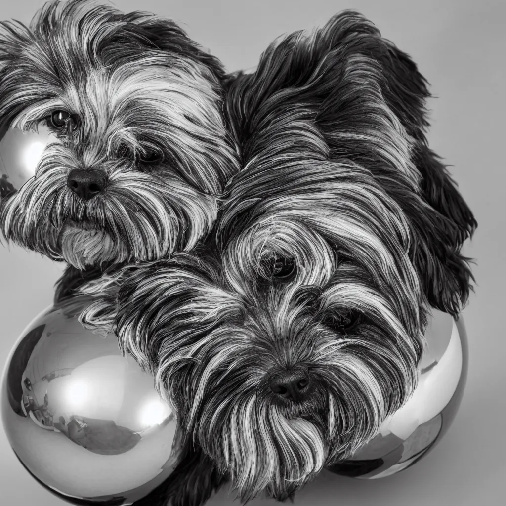 Image similar to full length portrait of a havanese dog reflected in a chrome sphere, ultra wide 1 0 mm, by m c escher pen and paper