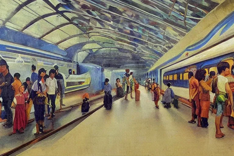 Prompt: Inside a futuristic Filipino train station, painting by Fernando Amorsolo
