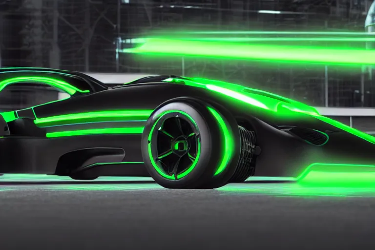 Image similar to a futuristic black and green Trackmania racing car with ZeratoR written on the side of the body, matte-black, green neon, ray-tracing, octane render, unreal engine, green cyberpunk city background