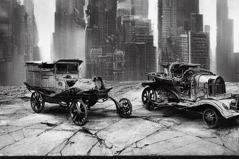 Image similar to cyberpunk 1 9 0 8 model ford t by paul lehr, jesper ejsing, metropolis, parked by view over city, vintage film photo, robotic, damaged photo, scratched photo, silent movie, black and white photo