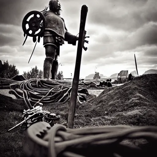 Image similar to wise angle photo of viking in armor working on the mechanical ancient device, tools and junk on the ground,wires and lights, old village in the distance, vintage old photo, black and white, sepia