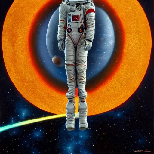 Image similar to giant astronaut as big as the sun, standing in the solar system, oil on canvas, intricate, 8k highly professionally detailed, HDR, CGsociety