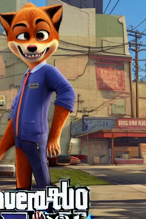 Image similar to Grand Theft Auto: San Andreas loading screen featuring Nick Wilde (from Zootopia)