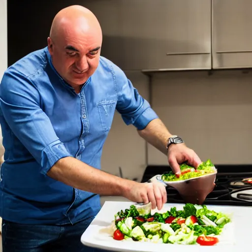 Prompt: Cook Chief Kevin O'Leary cooking a greek salad, in Shark Tank (2016), 50mm photography