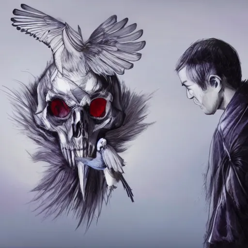 Prompt: a beautiful performance art of a man, with an animal skull for a head, and a large bird perched on his shoulder. the man is looking up at the bird with a fierce expression, and the bird is looking back at him with what seems to be an equally intense gaze. pale violet, concept art world by kuno veeber composed