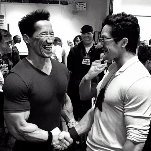 Image similar to old black and white photograph of arnold schwarzenegger meeting markiplier, both laughing, photorealistic