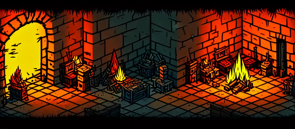 Prompt: A room with a darkened doorway in the endless grimdarkest dungeon depths. trending on artstation, vibrant palette, highly detailed digital illustration. A campfire provides a moment of respite in the crushing despair of this place.