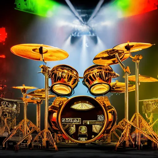 Image similar to photo of huge robotic drumset on a concert tage, the drumset is futuristic steampunk style with gears and tubes, 8 k, fluorescent colors, halluzinogenic, multicolored, exaggerated detailed, unreal engine - w 7 6 8