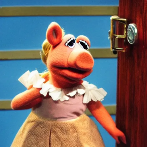 Image similar to miss piggy as guard at a maximum security muppet prison. she is taking a handcuffed animal to solitary confinement + photorealistic - h 6 4 0