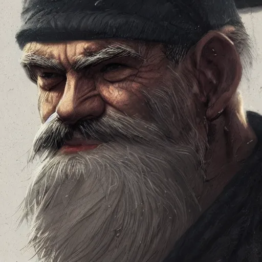 Image similar to ninja warrior, old, white beard, wrinkles, handsome, portrait, profile, intricate, detailed, volumetric lighting, scenery, digital painting, highly detailed, artstation, sharp focus, illustration, concept art, ruan jia, steve mccurry