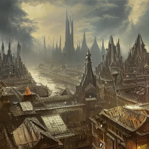 Image similar to an ultra detailed matte painting of a lonely and impossibly elevated temple district of the damned god, with a lone tall ominous gothic dark tower elevated high above the city, in a river elevated high above the city, fantasy capital city, ultrawide lense, aerial photography, volumetric lighting, exquisite detail, 8 k, art by greg rutkowski and alphonse mucha