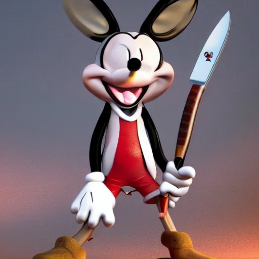 Prompt: bugs bunny murders mickey mouse with a bowie knife, insanely detailed, photorealistic, 8 k, trending on artstation.