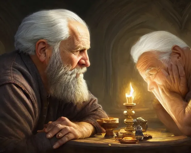 Prompt: an old man resting his chin on a table looking at the elixir of life with a photograph of his wife next to him, deep focus, d & d, fantasy, intricate, elegant, highly detailed, digital painting, artstation, concept art, matte, sharp focus, illustration, hearthstone, art by artgerm and greg rutkowski and alphonse mucha