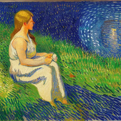 Prompt: young woman dreaming of bubbles and fish, concept art, gouache, camille pissarro, van gogh, wide shot
