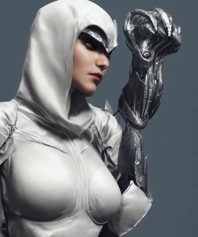 Image similar to female moon knight, hyper detailed, digital art, trending in artstation, cinematic lighting, studio quality, smooth render, unreal engine 5 rendered, octane rendered, alphonse much a