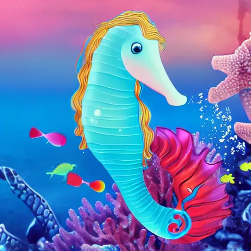 Prompt: photorealistic sexy blonde mermaid riding colorful seahorse under water surrounded by fish, 4 k