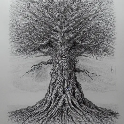 Prompt: a hyper-detailed pencil drawing of a large tree that towers over the heavens, by kentaro miura, stunning masterpiece