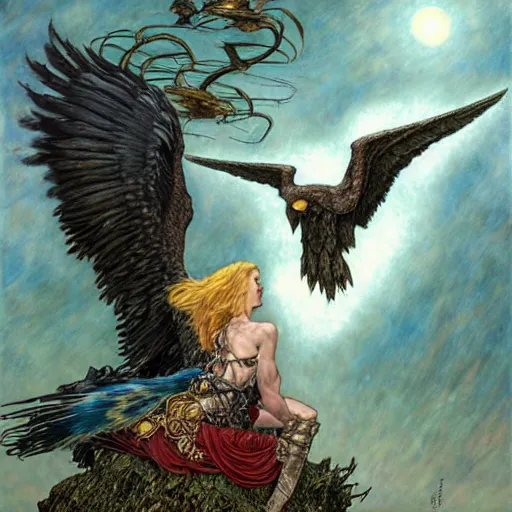 Image similar to giant eagle eating a flying harpy with huge eagle wings being eaten by giant eagle eating her face, d & d, fantasy, luis royo, magali villeneuve, donato giancola, wlop, krenz cushart, hans zatka, klimt, alphonse mucha