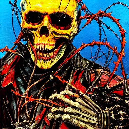 Image similar to demonic cyberpunk ghost rider swinging a barbed wire whip, extremely detailed concept art, palette knife oil painting, dark saturated colors, terrifying masterpiece, maximalist, full body portrait, black background, horror, by Ralph Steadman, by Giger, by Christian Lacroix