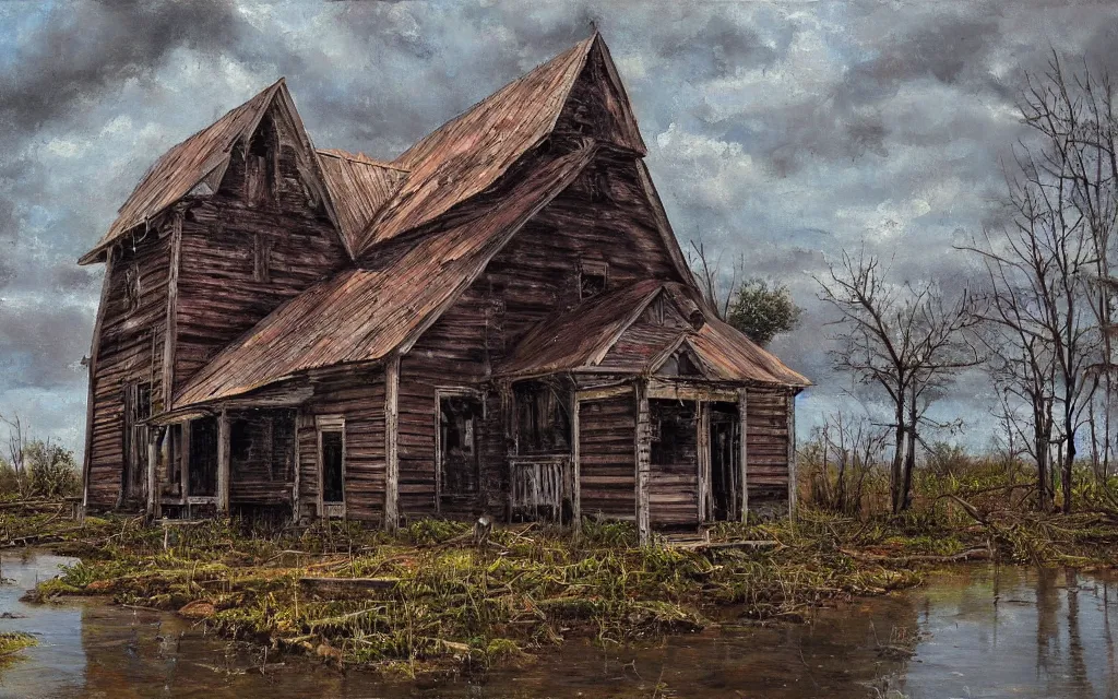 Image similar to an old wooden church rotting away in the bayou, realistic, oil painting, dynamic composition, ultra detailed