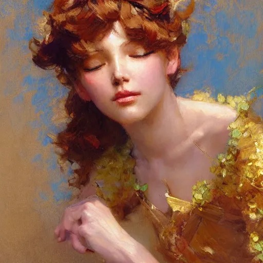 Prompt: impressionist high fashion studio portrait of a charming anime girl, closed eyes, painting style by gaston bussiere, craig mullins, j. c. leyendecker