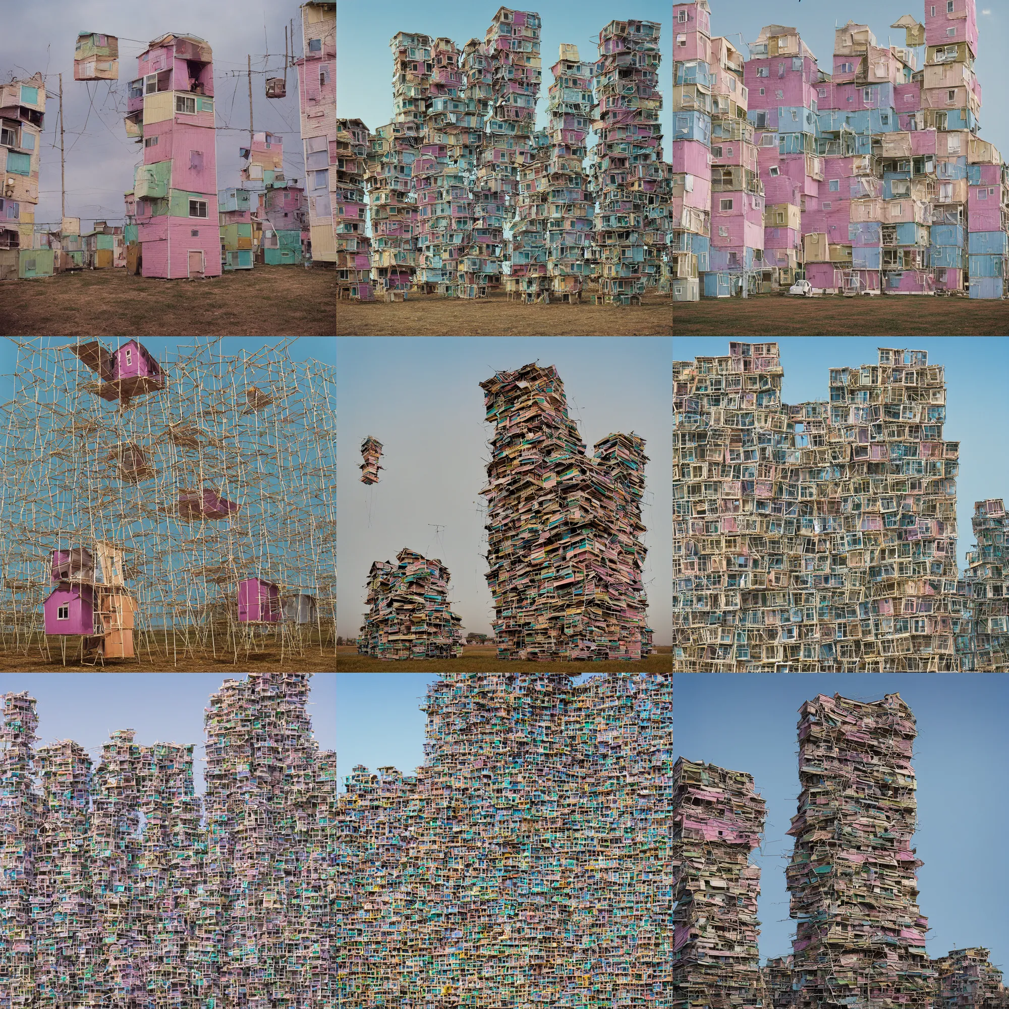 Prompt: a suspended tower made up of densely stacked, makeshift squatter shacks with pastel colours, mamiya, 8 5 mm, f 1. 7, fully frontal view, uniform plain sky, photographed by julie blackmon