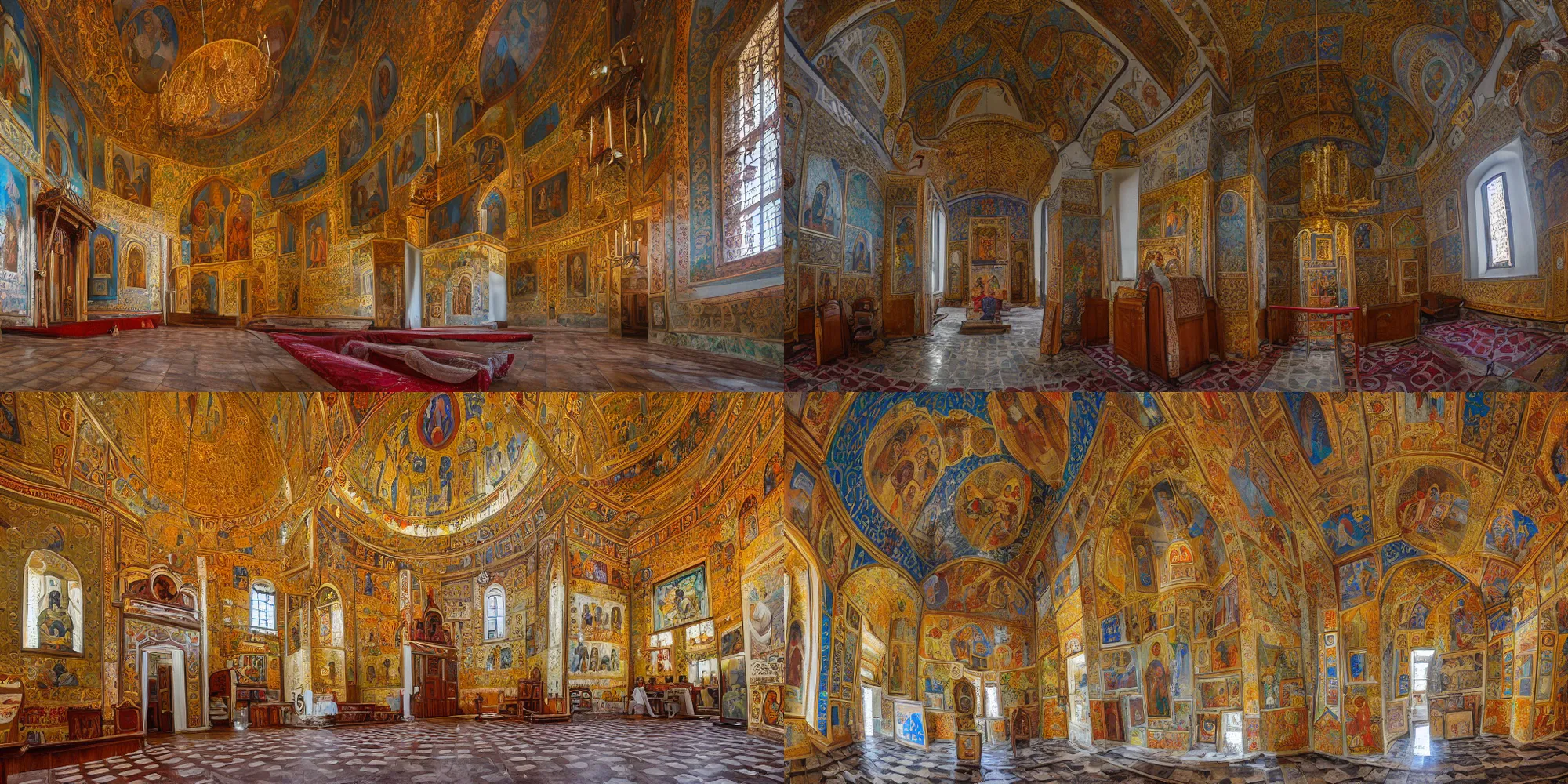 Prompt: gloomy photo of orthodox church interiors with walls painted in khokhloma style, wide angle, 24mm, 8k resolution, detailed, very beautiful