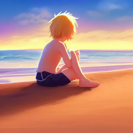 Prompt: beautiful, detailed digital painting of a blond-haired child sitting on the beach looking at the sunset, anime by Makoto Shinkai, sand, waves, trending on artstation