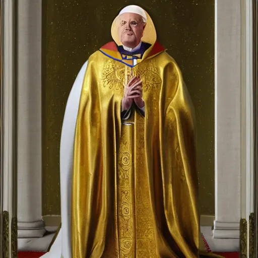 Prompt: a golden retriever as the pope, official portrait, painting, holy