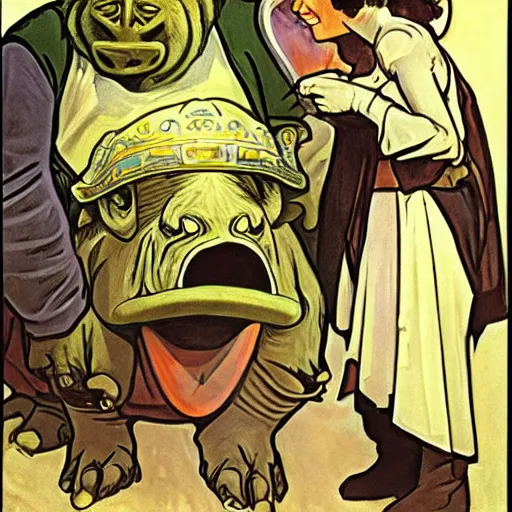 Image similar to baby gamorrean guard being looked after by tom baker dr who, alphonse mucha