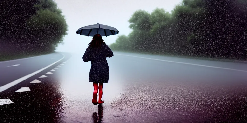 Image similar to hyperrealistic photo of a hot wet girl in the rain waling down the road, 8 k