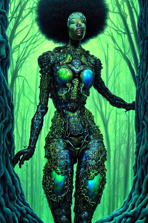 Image similar to hyperrealistic neo - baroque super expressive! black woman with exoskeleton armor, merging with tree in a forest, highly detailed digital art masterpiece smooth cam de leon hannah yata dramatic pearlescent blue green light ground angle hd 8 k sharp focus