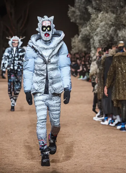 Image similar to hyperrealistic and heavy detailed Moncler runway show of rick and morty , Leica SL2 50mm, vivid color, high quality, high textured, real life