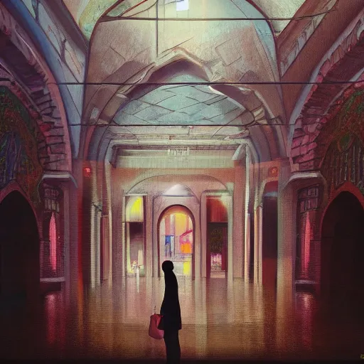 Image similar to beautiful woman, courtyard, capital, mosque interior, reflections, control panel, watcher, omniscient, tech noir, few neon signs, matte painting, speed painting, chiaroscuro, oil on canvas