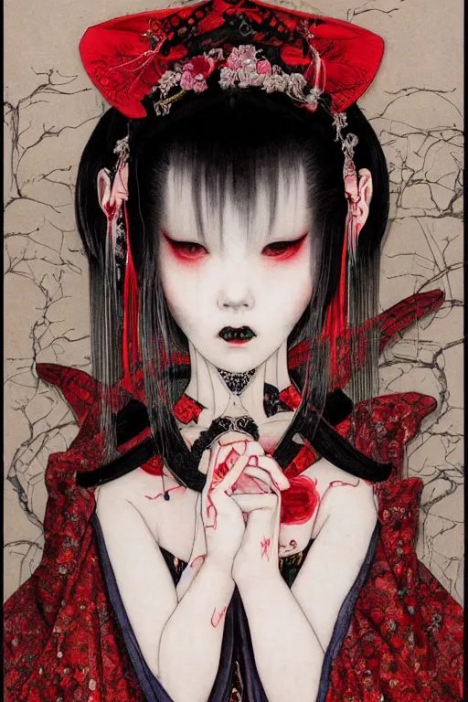 Image similar to watercolor painting of an avant - garde japanese bjd geisha vampire queen in a victorian lolita fashion red dress in the style of lovecraftian horror painted by yoshitaka amano, takato yamamoto, ayami kojima, dmt art, symmetrical vogue face portrait, intricate detail, artstation, cgsociety, artgerm, rococo