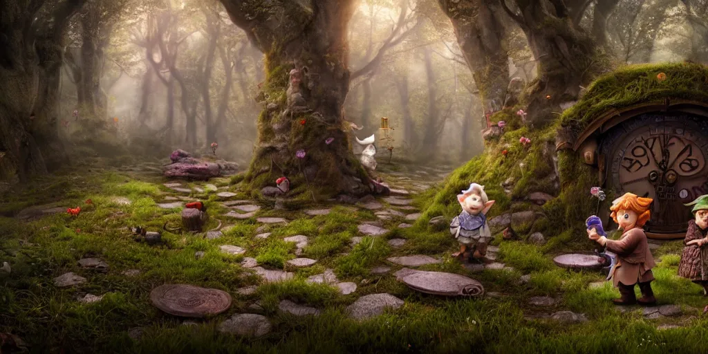 Image similar to bilbo baggins running into the white rabbit in a clearing in the middle of an enchanted forest, steampunk illustration, photorealistic color drawing, toadstools and fairies, gnomes and giants in the distance, 8 k resolution, octane render, dramatic lighting, cinematic angle,