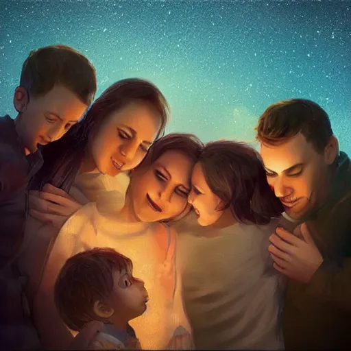 Prompt: “A family hugging each other for the last time as the world is ending, meteors are falling from the sky, everything is on fire, dramatic lighting, digital art, very very very very very very beautiful, 8K, dark lighting, trending on Artstation, award winning”