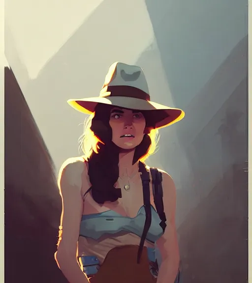 Image similar to portrait of a female indiana jones by atey ghailan, by greg rutkowski, by greg tocchini, by james gilleard, by joe fenton, by kaethe butcher, dynamic lighting, gradient light blue, brown, blonde cream and white color scheme, grunge aesthetic