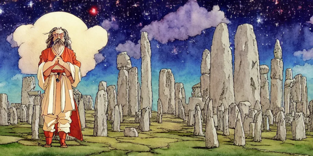 Image similar to a hyperrealist studio ghibli watercolor fantasy concept art of a giant long haired medieval monk with his heads down in lotus position in stonehenge with a starry sky in the background. a giant rocket ship from independence day ( 1 9 9 6 ) is floating in the air. by rebecca guay, michael kaluta, charles vess