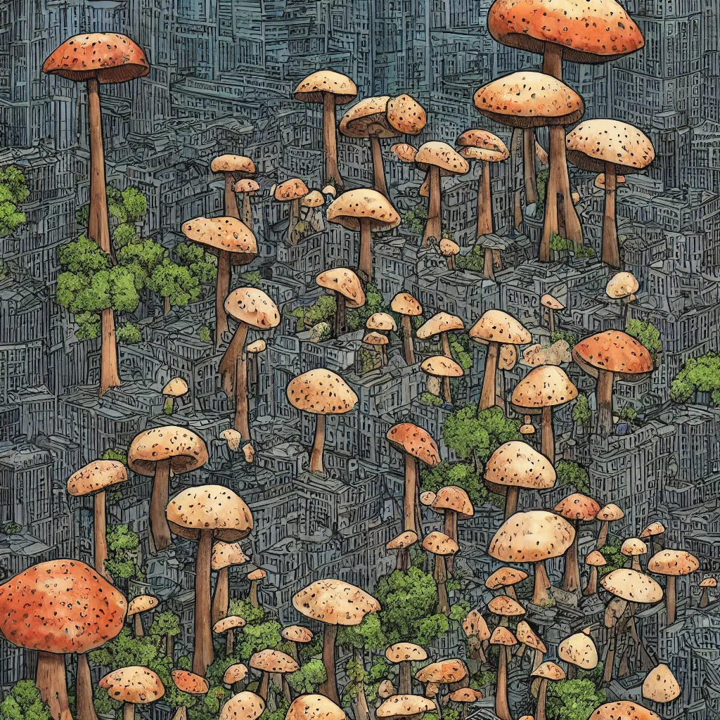 Prompt: a giant mushrooms in the city, highly detailed, illustration, 8k