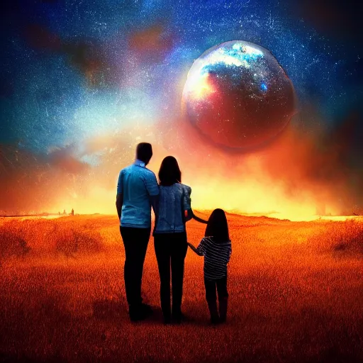 Image similar to family hugging, apocalyptic, meteors falling, background, sky, on fire, dramatic lighting, digital art, beautiful!!!!!!!!!!, 8K, dark lighting, trending on Artstation, award winning, blue, red